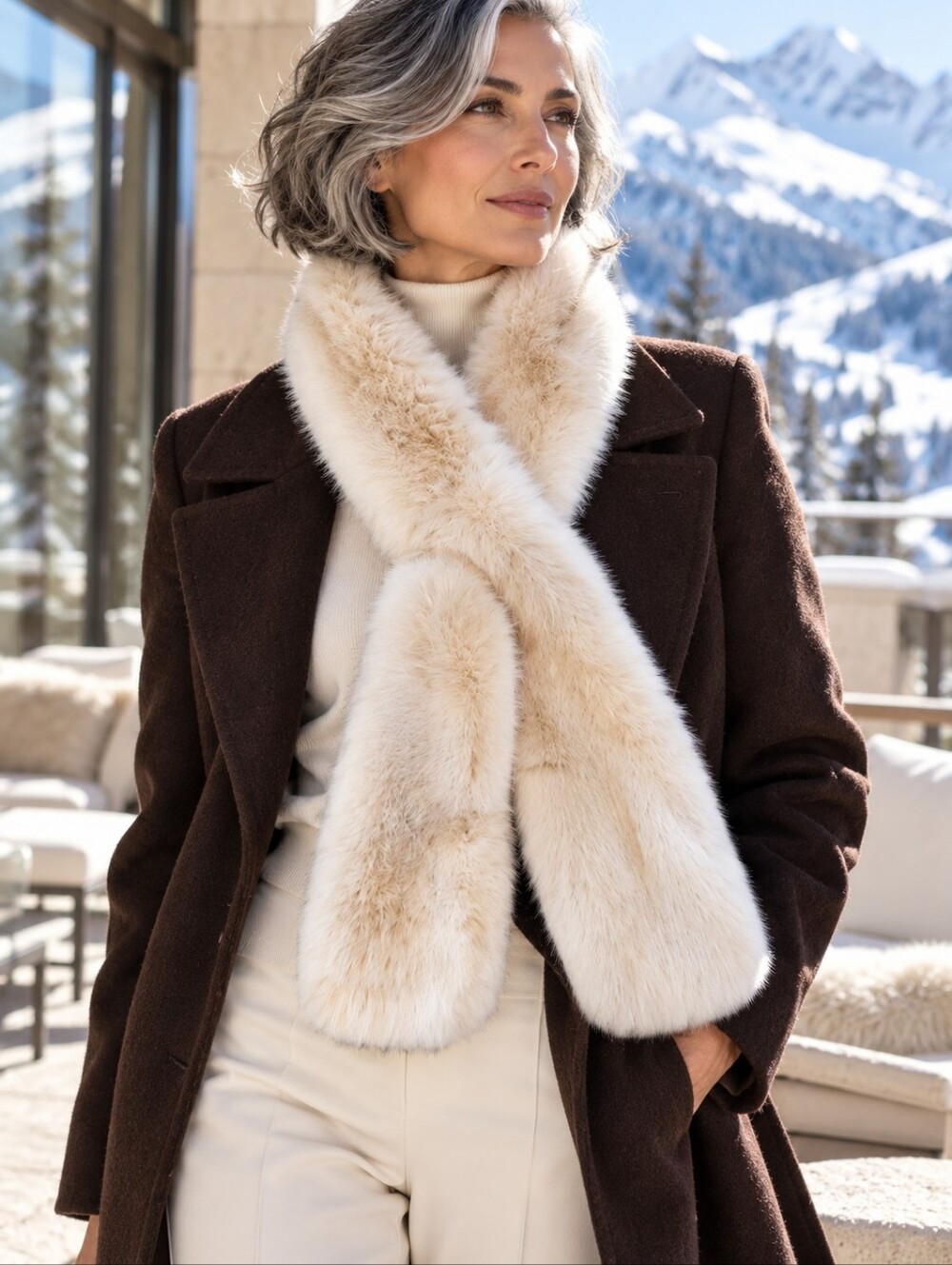 Restoration Hardware Arctic Fox Luxe Faux Fur Scarf Ivory 52" RH